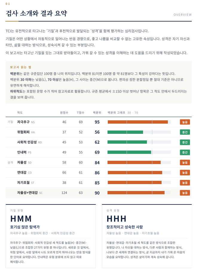 TCI 해석 상담 | 타고난 기질로 나만의 전략 세우기 3 리포트 종합 페이지 예시
